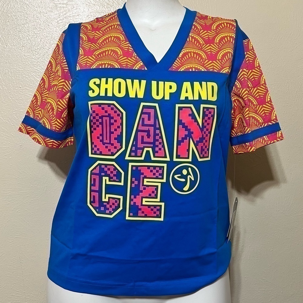 Zumba Fitness  “show up and dance” Jersey Blue V neck Short Sleeve Tee Large Nwt